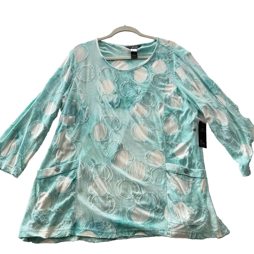 NEW Ali Miles Semi Sheer Top $84 Women's 1X Stretch Textured Dot Print